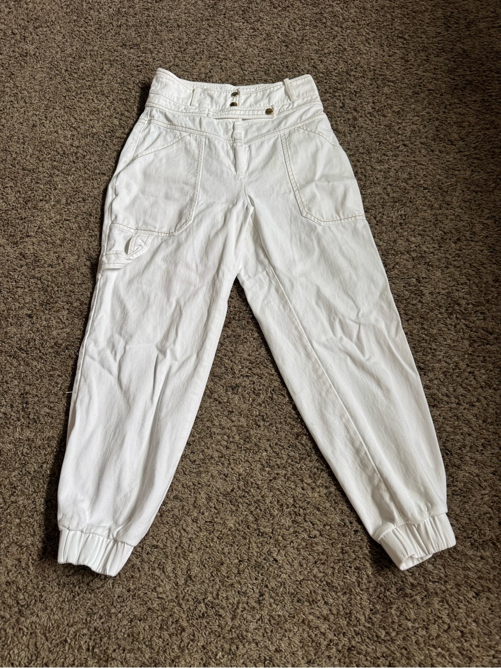 White Denim High-Waist Cargo Jogger Pants